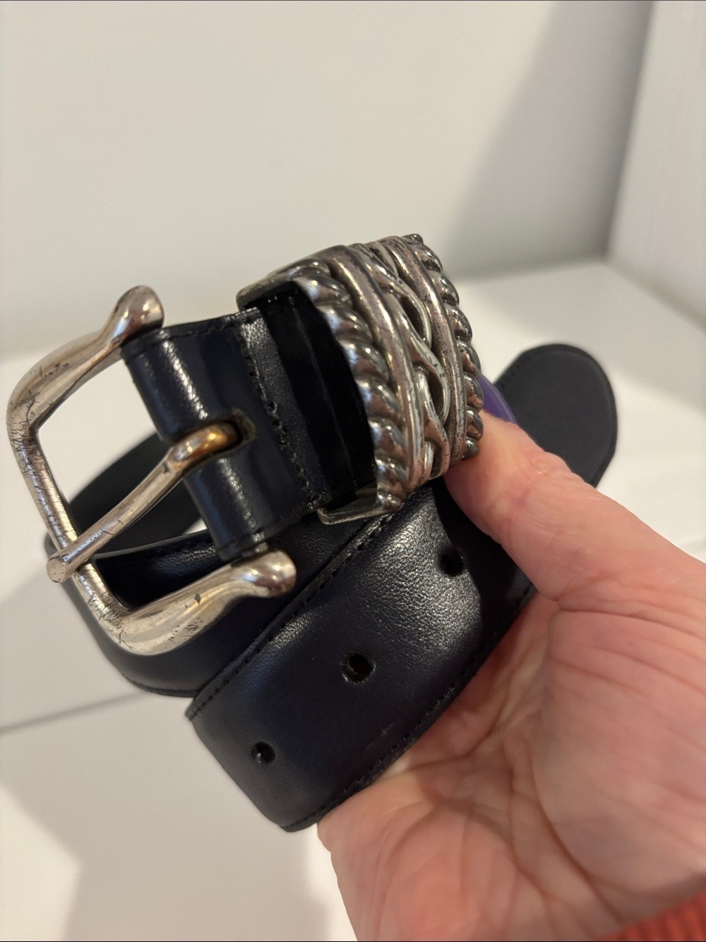 Brighton navy blue leather belt silver-tone buckle decorative braided metal